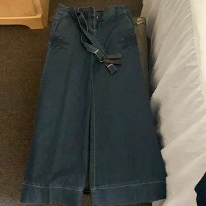 Wide leg jeans with suspenders by Ann Taylor.